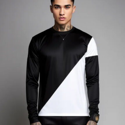 Long sleeve jersey top in black and white