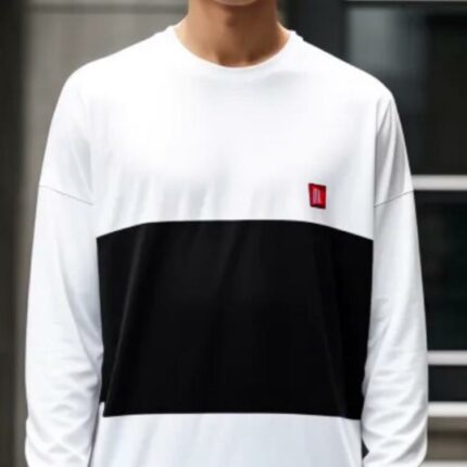 Oversized long sleeve jersey top in white and black