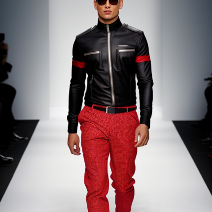 Biker style leather jacket in black with red and silver .