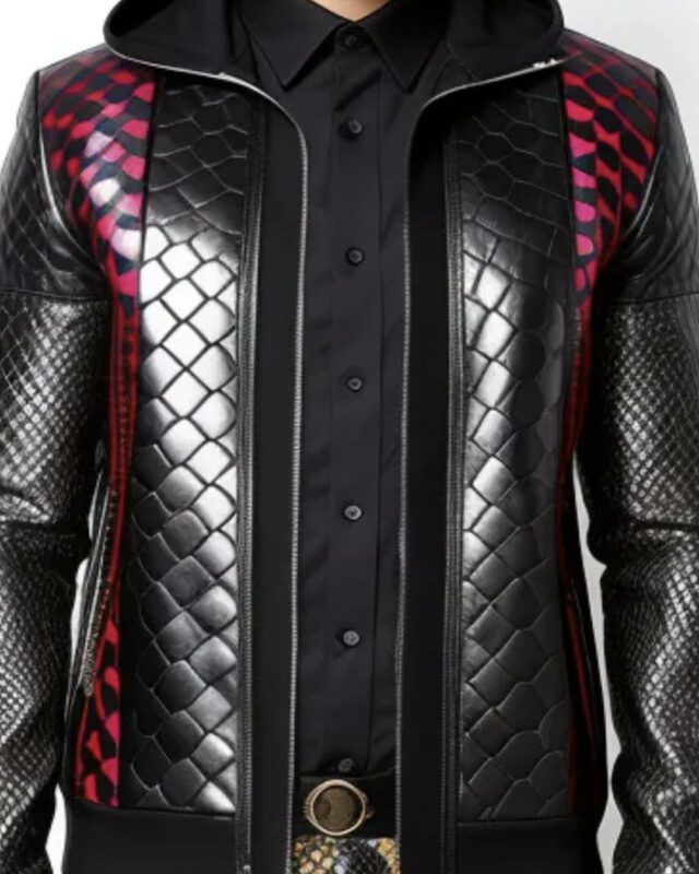 Crocodile leather jacket zip front colour black and deep pink.