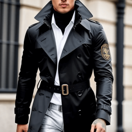 Double breasted trench coat military style in black