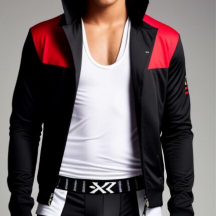 Zip front jersey jacket in black and red