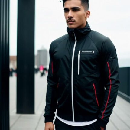 Zip front jersey jacket in black and red detail