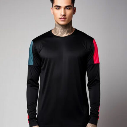 Long sleeve jersey top in black and contrast red and jade