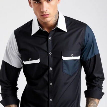 Contrast colour shirt in black, winter blue and white.