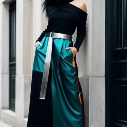 Colour block satin skirt