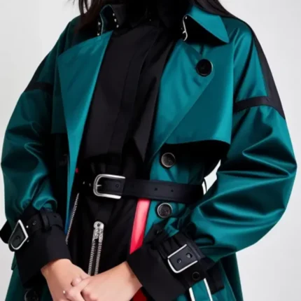 Trench coat in bright jade and black